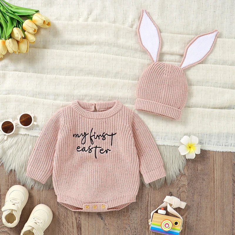 Newborn Baby Bodysuit Knit Infant Boy Girl Jumpsuit Long Sleeve Spring Toddler Kid Clothing Fashion Letter Cute Rabbit Ear 0-12M