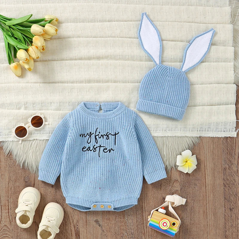 Newborn Baby Bodysuit Hat Knit Child Clothes Fashion Letter Cute Rabbit Ear Top Infant Boy Girl Jumpsuit Long Sleeve 2PCS Easter
